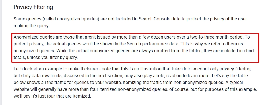 הסבר של גוגל על שאילתות אנונימיות שנתוניהם מוסתרים בסרץ קונסול אך, הנתונים עשוים להשפיע על הסיכום הכולל.